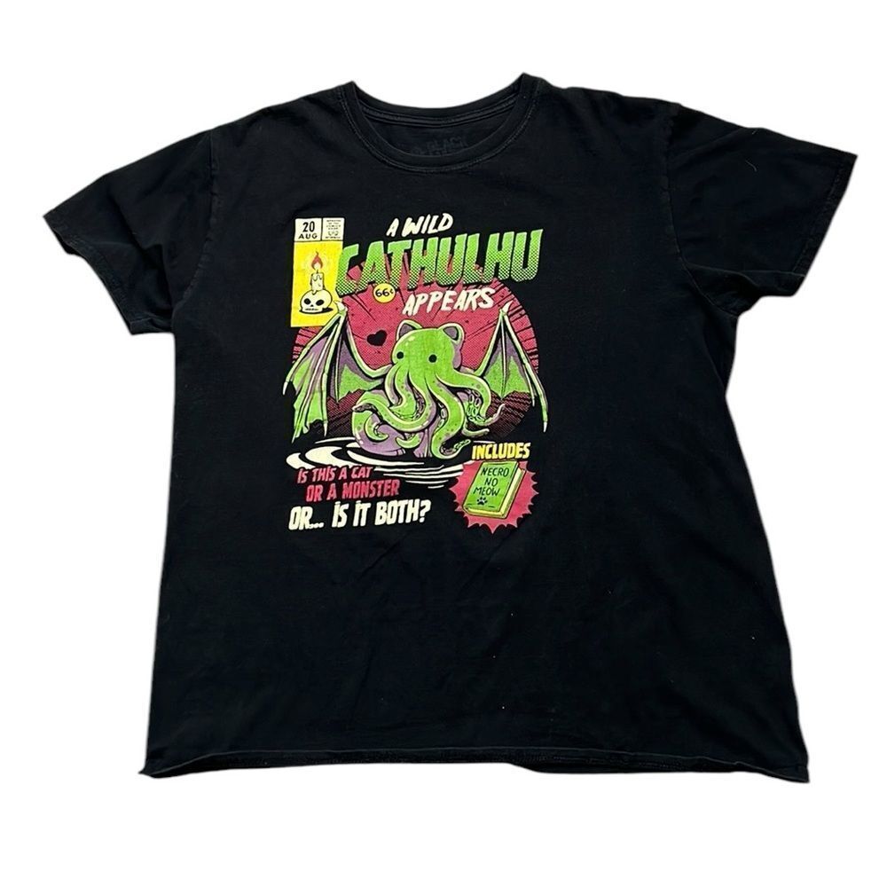 Cat T-Shirt Men’s Size XL Cathulhu Black Graphic Tee Short Sleeve Octopus Bat